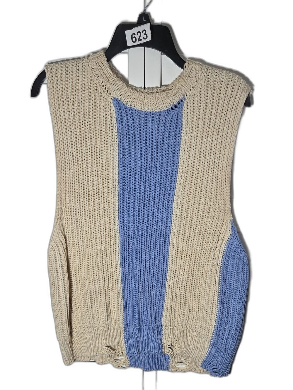 Sleeveless Knit Colorblock Sweater Vest - Cream & Blue Size L